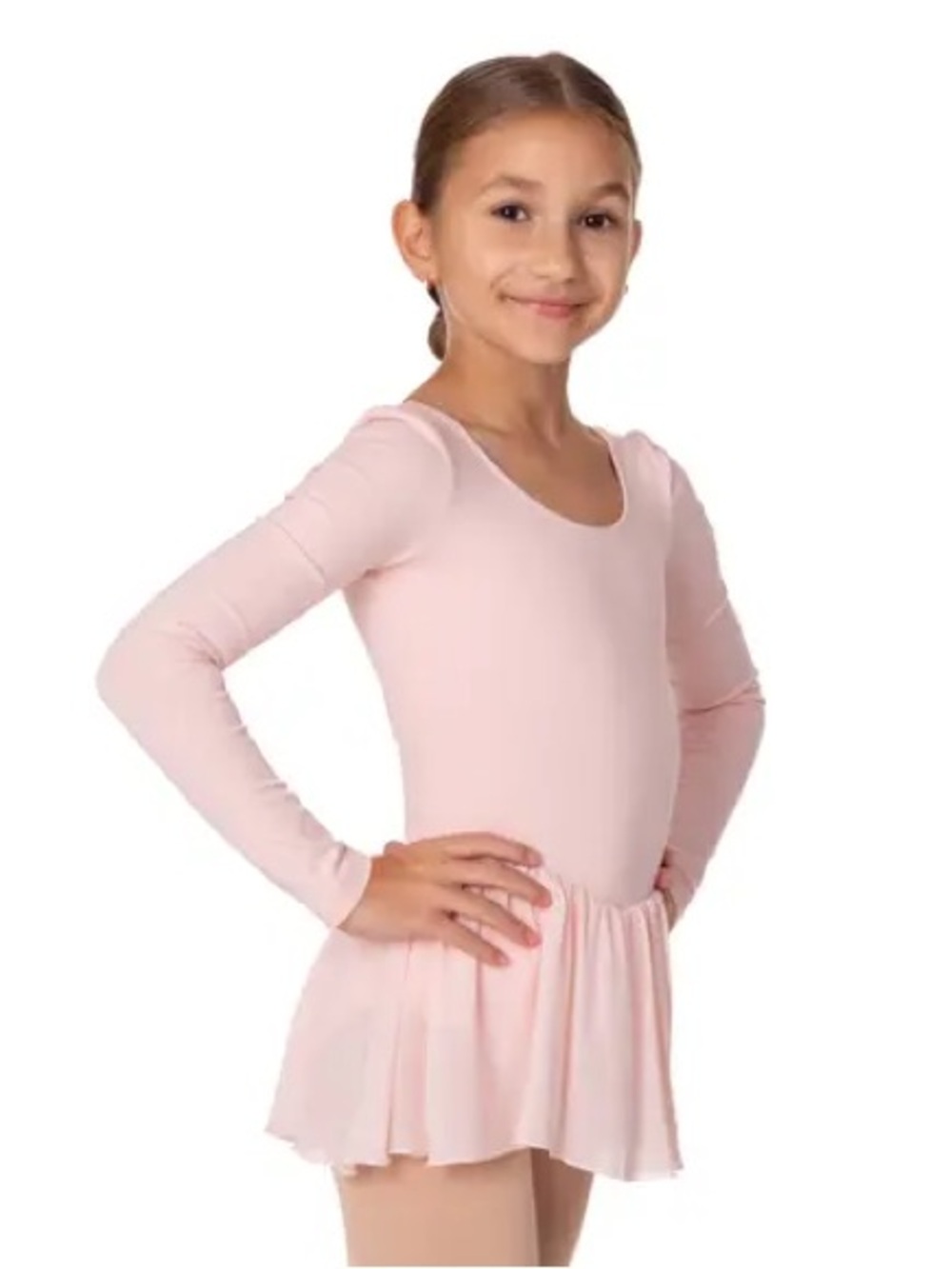 Bloch Light Pink Long-Sleeve Ballet Leotard with Layered Chiffon Skirt sz 6x 7